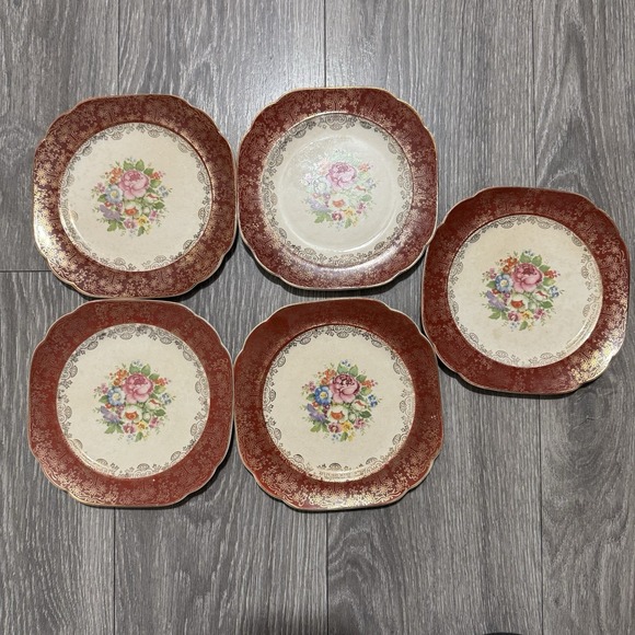 Set of 5 Salem China 23K Gold Antique Maroon Band Floral Square Dessert Plate 7